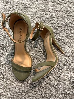 Anne Michelle Olive Suede Open-Toe Ankle Strap Heels